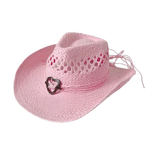 Lifup Cowboyhut Strohhut Damen Herren Western Cowgirlhut mit Formbarer Krempe Leichter Sonnenhut Strandhut für Garten Urlaub Rosa von Lifup