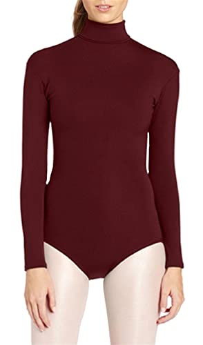 Lifup Damen Ballettanzug Langarm Body Gymnastikanzug Ballett Trikot Einteiler Bodysuit mit Rollkragen Weinrot 2XL von Lifup