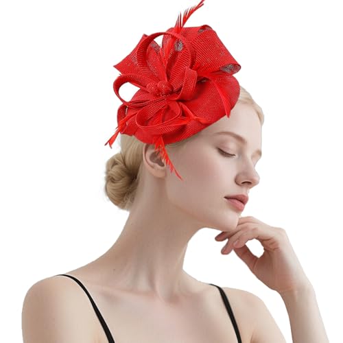 Lifup Fascinators Hut für Damen, 20er Jahre Blume Federn Clip Kopfschmuck Cocktail Tea Party Kopfbedeckung, Pillbox Stirnband Haarnadel Haarschmuck Hochzeit Kirche Rot von Lifup