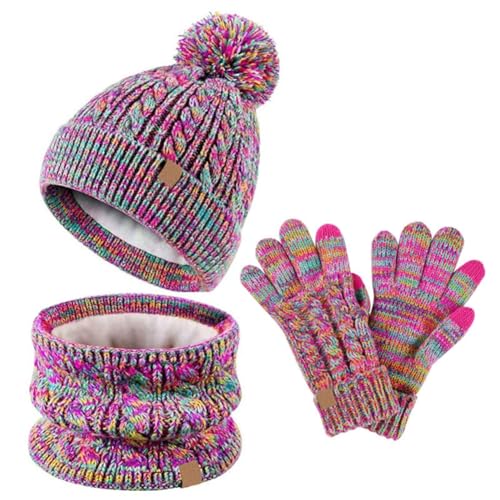 Lifup Kinder Jungen Mädchen Beanie Mütze Schal und Handschuhe Set mit Fleece Gefütterte für 5-12 Jahre, Wintermütze mit Bommel Strickmütze Schlauchschal Winterhandschuhe Set Regenbogen Mix von Lifup
