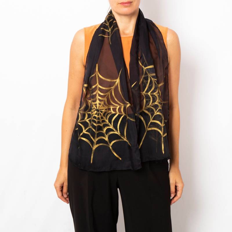 Spinnennetz Gothic Handbemalter Seidenschal Halloween Schal Schwarz Gold Seide Chiffon Geschenk 53x13 von LigaKandele