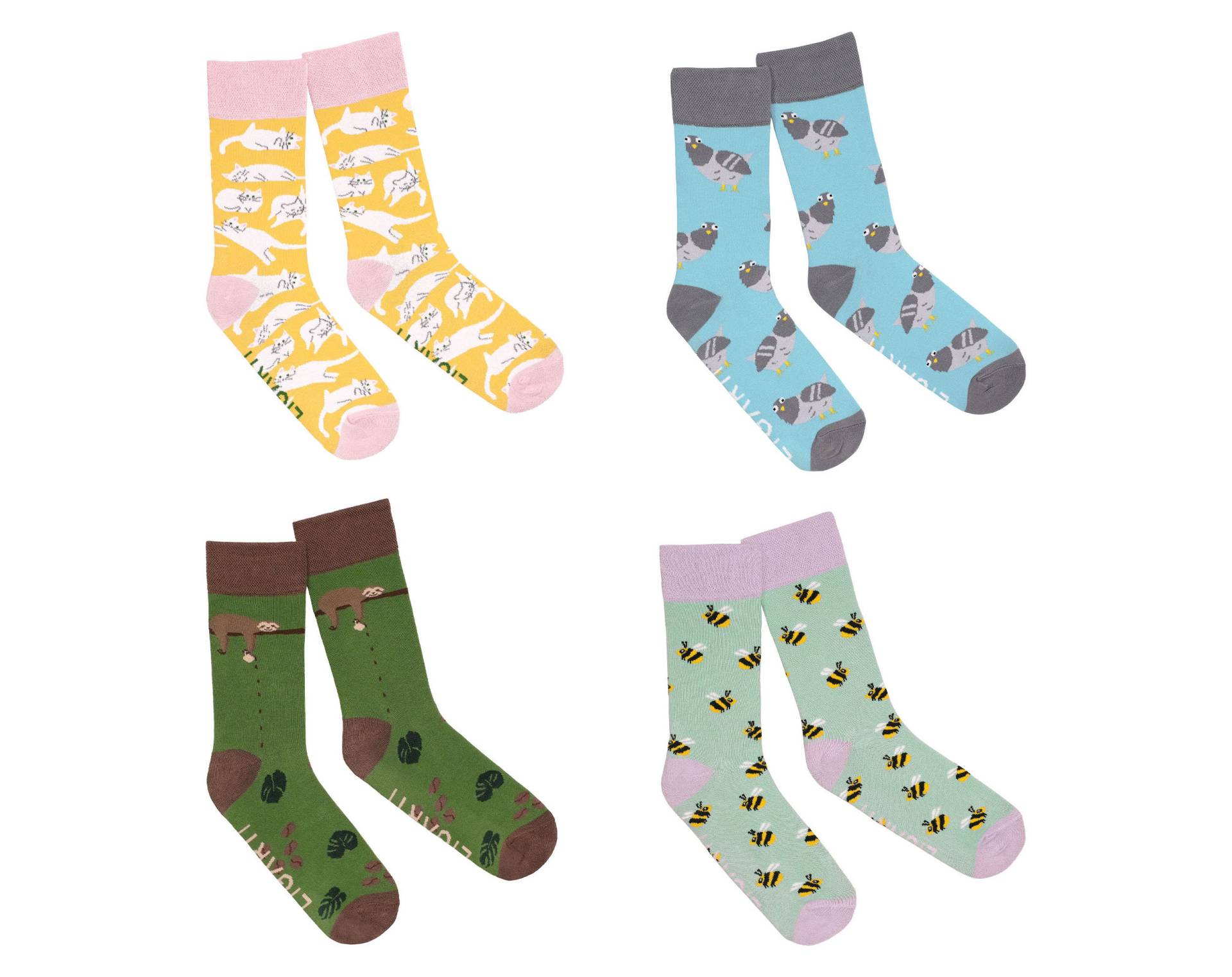 Socken 4Er Set | "Putziges Potpourri" Bunte, Lustige Aus Baumwolle Bienen, Faultiere, Katzen, Tauben Mit Tier-Muster Unisex Socken 4Er Set | "Putziges Potpourri" Bunte, Lustige Aus Baumwolle Bienen, Faultiere, Katzen, Tauben Mit Tier-Muster Unisex von Ligarti