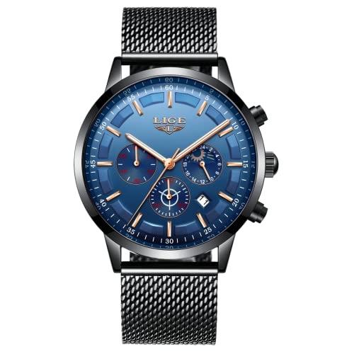 LIGE Herren-Armbanduhr, sportlich, wasserdicht, Chronograph, Edelstahl-Mesh-Uhren für Herren, Business-Kleid mit Mondphase, analoge Quarz-Armbanduhr, blau, 8.07, Armband von LIGE