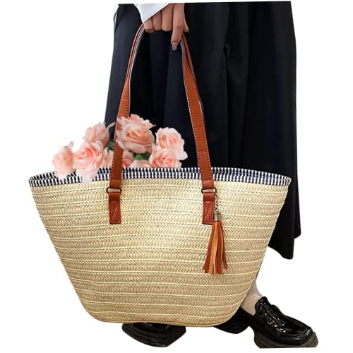 Ligeinsrk Strohstrandtasche Frauenstrohhandtaschen Große gewebte Sommerstrandbeutel Schulter -Tasche mit Reißverschluss und Schultergurt für Reiseinkaufsanwälte von Ligeinsrk