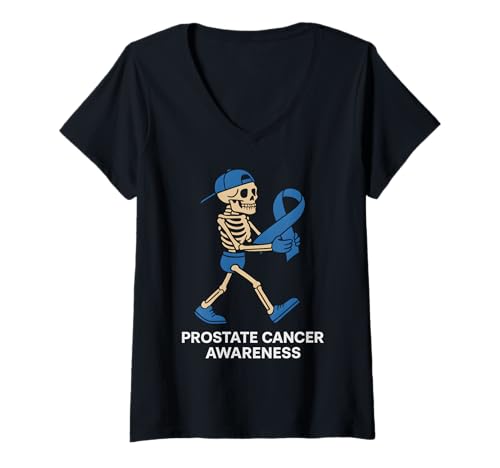 Damen Halloween Skelett Prostatakrebs Bewusstsein Männer Frauen Kinder T-Shirt mit V-Ausschnitt von Light Blue Ribbon Prostate Cancer Survivor Apparel