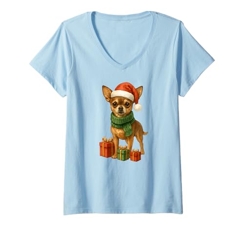Damen Weihnachtsmütze Chihuahua Hund Weihnachtsmann Mütze T-Shirt mit V-Ausschnitt Damen Weihnachtsmütze Chihuahua Hund Weihnachtsmann Mütze T-Shirt mit V-Ausschnitt von Light Colored Chihuahua Dog Dressed up Christmas