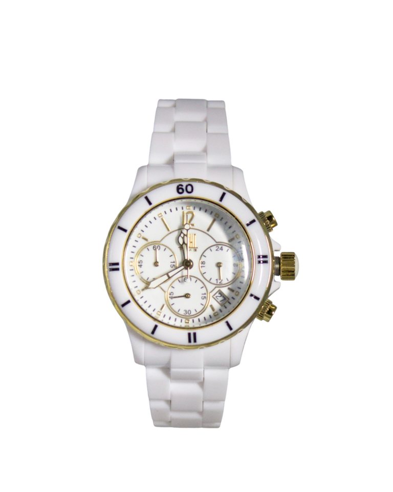 Light Time Chronograph Armbanduhr Damen Kunststoff Datum Weiß Gold L115B von Light Time