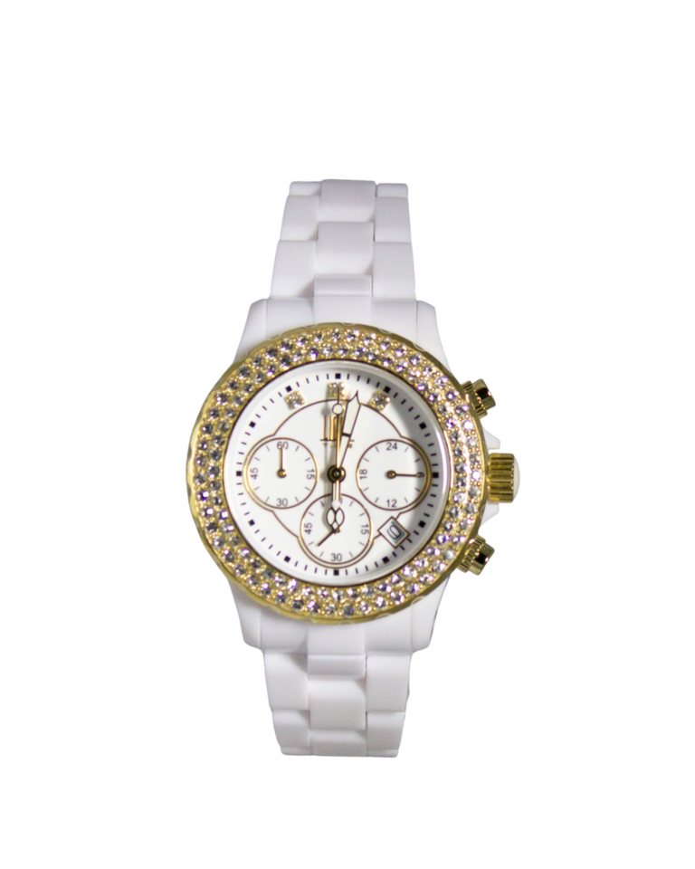 Light Time Chronograph Armbanduhr Damen Kunststoff Datum Weiß Gold Zirkonia L074B von Light Time