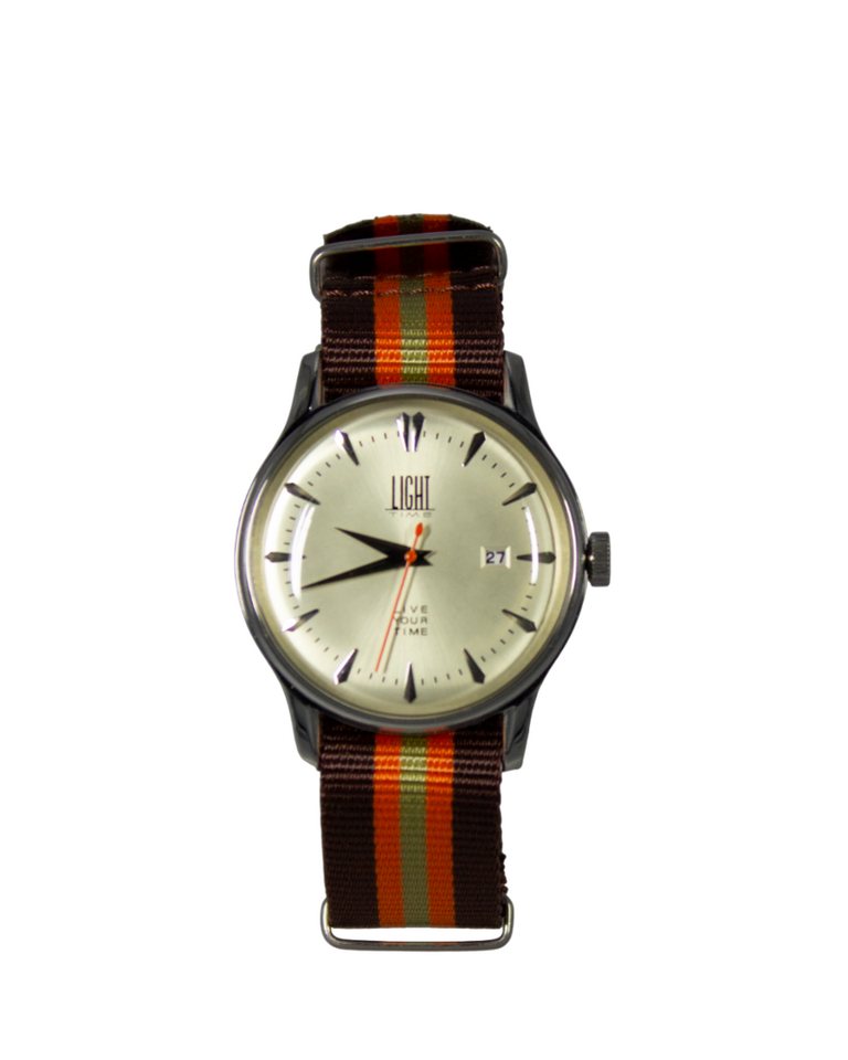 Light Time Quarzuhr Armbanduhr Damen Herren Datum Edelstahl Nylon Silber Orange L146ORA, Datumsanzeige von Light Time