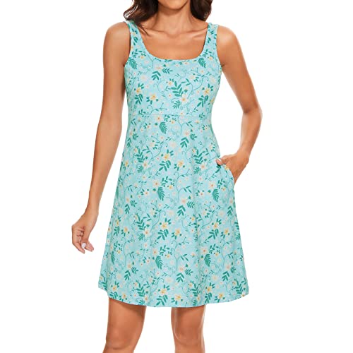 Damen UPF 50+ Tank Kleid A-Linie mit Taschen Atmungsaktiv Schnell Trocken Sonnenschutz für Wandern Camping Strand Outdoor, Mintgrün/Blumenmuster, X-Groß von Lightbare