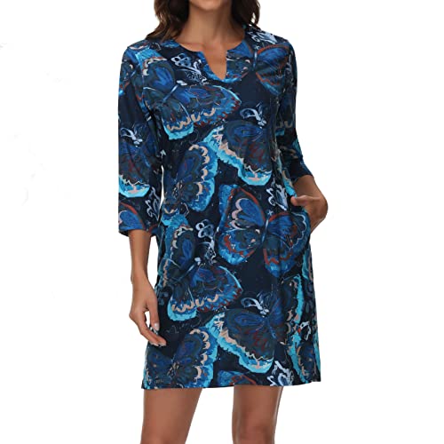 Lightbare Damen 3/4 Ärmel Kleid mit Taschen UPF 50+ Casual Sonnenkleid Atmungsaktiv Schnell Trocknend für Strand Wandern Outdoor Party, Marineblau/Schmetterling, Klein von Lightbare