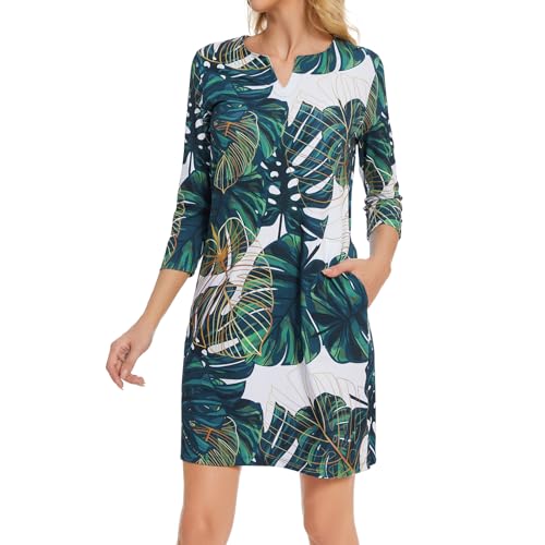 Lightbare Damen Kleid mit 3/4-Ärmeln und Taschen, LSF 50+, lässiges Sonnenkleid, atmungsaktiv, schnell trocknend, für Strand, Wandern, Outdoor, Party, Grünes Blatt, Mittel von Lightbare