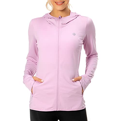 Lightbare Damen UPF 50+ Full Zip Hoodie Jacke Langarm Kapuze Sonnenshirt mit Taschen, Pink, Medium von Lightbare