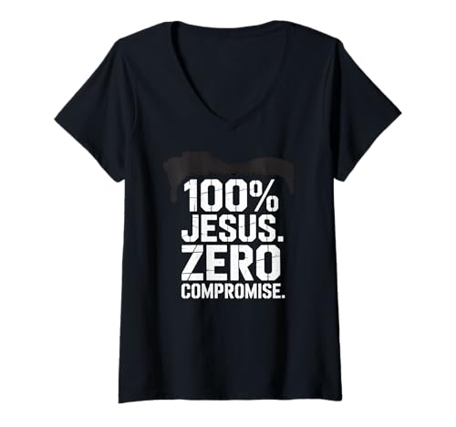 Damen 100% Jesus Zero Compromise Christlich T-Shirt mit V-Ausschnitt von Lightedblessing Christliche Kleidung
