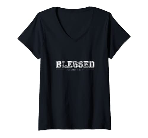 Damen Blessed Jeremia 17 Bibel Spruch Christliches T-Shirt mit V-Ausschnitt von Lightedblessing Christliche Kleidung
