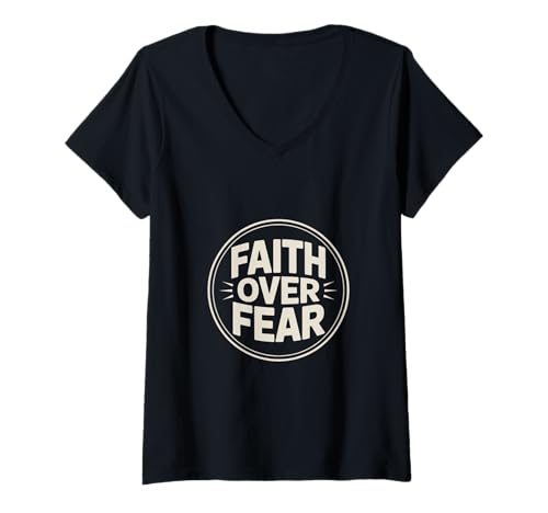 Damen Christlich Faith Over Fear Glaube Uber Angst Bibelvers T-Shirt mit V-Ausschnitt von Lightedblessing Christliche Kleidung