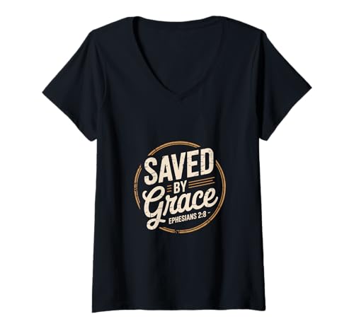 Damen Gerettet Durch Gnade Saved by Grace Ephesians 2 8 Glauben T-Shirt mit V-Ausschnitt von Lightedblessing Christliche Kleidung