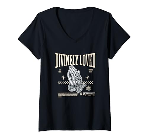 Damen Göttlich Geliebt Von Der Gnade Durch Glauben Betende Hände T-Shirt mit V-Ausschnitt von Lightedblessing Christliche Kleidung