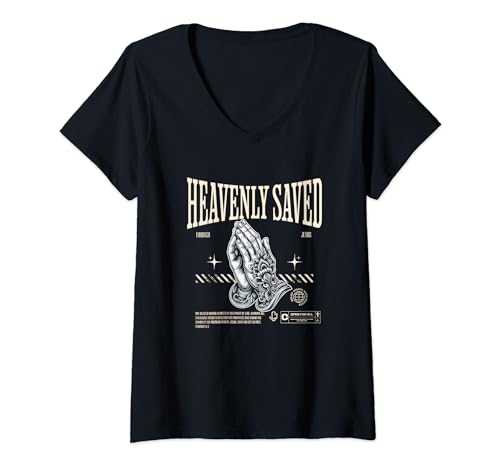 Damen Himmlisch Gerettet Glaube Beten Jesus Christus T-Shirt mit V-Ausschnitt von Lightedblessing Christliche Kleidung