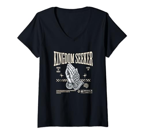 Damen Kingdom Seeker Betende Hände Glauben Damen Herren T-Shirt mit V-Ausschnitt von Lightedblessing Christliche Kleidung