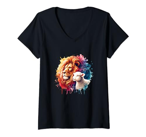 Damen Löwe und Lamm Aquarell Christliches Motiv T-Shirt mit V-Ausschnitt von Lightedblessing Christliche Kleidung