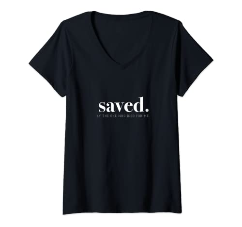 Damen Saved by Jesus Christus Kirche Glaube T-Shirt mit V-Ausschnitt von Lightedblessing Christliche Kleidung