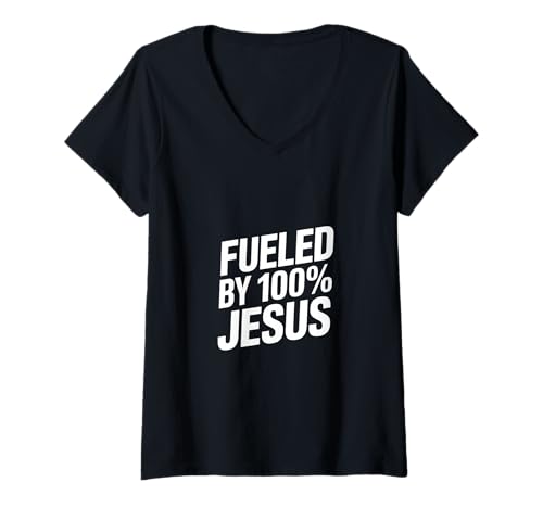 Damen Von 100% Jesus Angetrieben Christliche Aussage T-Shirt mit V-Ausschnitt Damen Von 100% Jesus Angetrieben Christliche Aussage T-Shirt mit V-Ausschnitt von Lightedblessing Christliche Kleidung