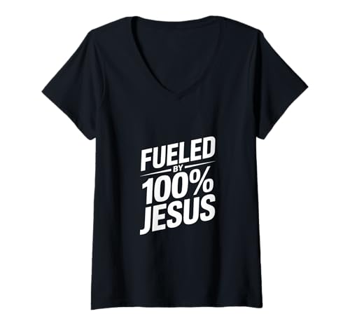 Damen Von 100% Jesus Angetrieben Kraft Glaube T-Shirt mit V-Ausschnitt Damen Von 100% Jesus Angetrieben Kraft Glaube T-Shirt mit V-Ausschnitt von Lightedblessing Christliche Kleidung
