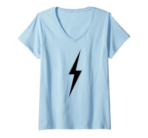 Damen Einfache Schwarze Lightning-Bolt-Grafik T-Shirt mit V-Ausschnitt Damen Einfache Schwarze Lightning-Bolt-Grafik T-Shirt mit V-Ausschnitt von Lightning Bolt Attire