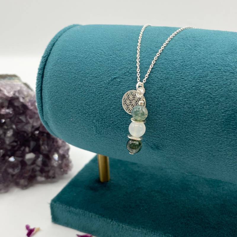 Kette Mit Moosachat Und Mondstein I 45cm Lang Blume Des Lebens 925 Silber Spiritueller Schmuck Edelstein Geschenk Freundin von LightofAurora