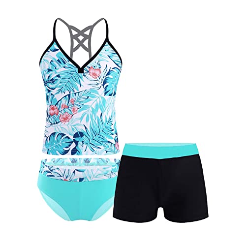 LiiYii 3PCS Mädchen Bikini Tankini Set Blumendruck Badeanzug Badeshirt Neckholder + Badeslip + Badehose Schwimmanzug Swimsuit Bademode Badebekleidung Grün 152 von LiiYii