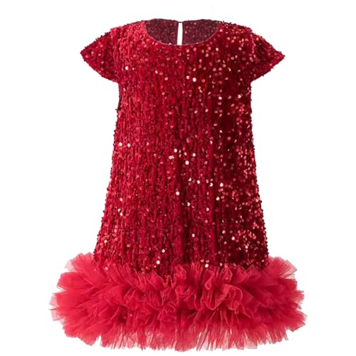 LiiYii Baby Kinder Mädchen Prinzessin Kleid Kleinkind Festkleider Partykleid Weihnachten Kinder Glitzerkleid mit Tütü Gr. 86-116 Rot 110-116 von LiiYii