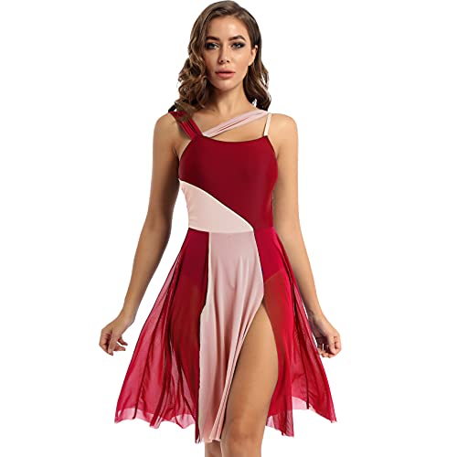 LiiYii Damen Ballettkleid Tanzkleid Chiffon Kleid Sommer Tanz Anzug mit Innen Slip Panties für Latin Tango Ballettkleidung Burgund L von LiiYii