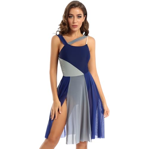 LiiYii Damen Lyrisch Tanzkleid Ärmellose Ballettkleid Eiskunstlauf Kleid mit Tüll Rock Ballerina Kleid Latein Tanzkleid Modern Dance Tanzkleidung Marine Blau XS von LiiYii