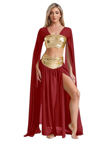 LiiYii Damen Bauchtanz Kleid Set Langarm Top und Chiffonrock Lang Glitzer Tanzkleid Halloween Cosplay Fasching Karneval Mottopartys Burgundy L von LiiYii