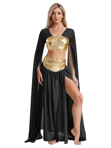 LiiYii Damen Bauchtanz Kleid Set Langarm Top und Chiffonrock Lang Glitzer Tanzkleid Halloween Cosplay Fasching Karneval Mottopartys Schwarz XL von LiiYii