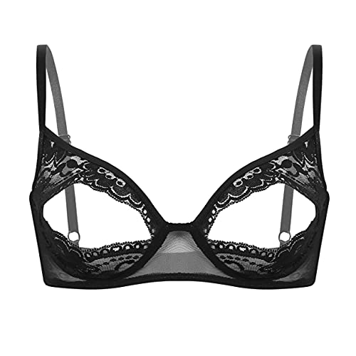 LiiYii Damen Dessous Blumen Spitze BH aushöhlen Büstenhalter ouvert Bra ohne Bügel ungefüttert Bustier erotische Unterwäsche Schwarz L von LiiYii