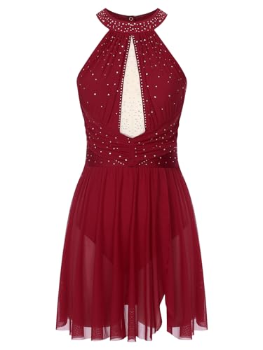 LiiYii Damen Eiskunstlauf Kleid Glitzer Ballettkleid Neckholder Kürkleid Rollschuhkleid Rückenfrei Ballettanzug Ballerina Latein Eislaufen Tanzkleid Burgundy M von LiiYii