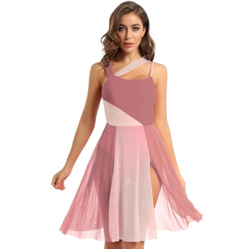 LiiYii Damen Lyrisch Tanzkleid Ärmellose Ballettkleid Eiskunstlauf Kleid mit Tüll Rock Ballerina Kleid Latein Tanzkleid Modern Dance Tanzkleidung Braun XL von LiiYii