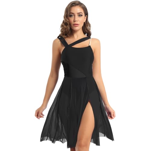 LiiYii Damen Lyrisch Tanzkleid Ärmellose Ballettkleid Eiskunstlauf Kleid mit Tüll Rock Ballerina Kleid Latein Tanzkleid Modern Dance Tanzkleidung Schwarz L von LiiYii