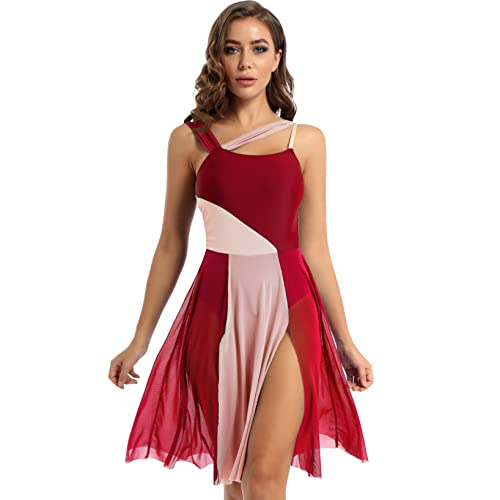 LiiYii Damen Lyrisch Tanzkleid Ärmellose Ballettkleid Eiskunstlauf Kleid mit Tüll Rock Ballerina Kleid Latein Tanzkleid Modern Dance Tanzkleidung Weinrot XL von LiiYii