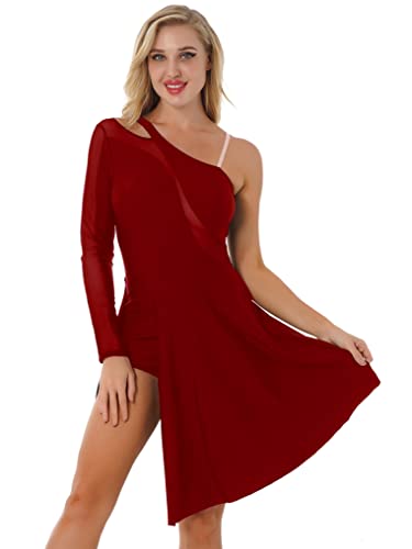 LiiYii Damen Tanzkleid Eiskunstlauf-Kleid Langarm Mesh Patchwork Ballettanzug Tango Latein Kleider mit Einer Schulter Trikotkleid Turnanzug Gymnastikanzug Burgundy L von LiiYii