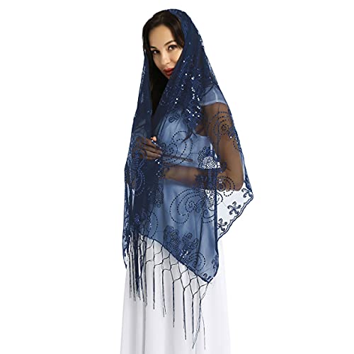 LiiYii Damen Umschlagtuch Schal Stola Mesh Retro 1920er Pailletten Fransen Wraps für Hochzeitskleid Brautkleid Abendkleid Navy Blau Einheitsgröße von LiiYii