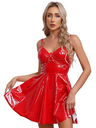 LiiYii Damen Wetlook Kleid Ausschnitt A-Linie Mini Kleid Lackleder Faltenkleid Gothic Partykleid Clubwear Gogo Rave Outfits Rot 5XL von LiiYii
