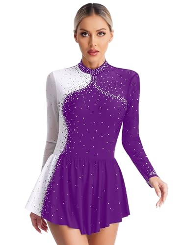 LiiYii Eiskunstlauf Kleid Damen Langarm Rollschuhkleid mit Strass Patchwork Kürkleid Rollkunstlauf Kleid Eislaufen Wettbewerb Tanzkleid Lila S von LiiYii