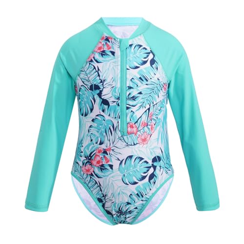 LiiYii Kinder Mädchen Einteiler Badeanzug Langarm Badekleidung mit Reißverschluss Schwimmanzug UV Schutz Schwimmshirt Bademode Grün 122-128 von LiiYii
