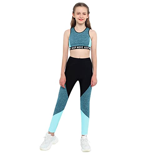 LiiYii Kinder Mädchen Sportanzug Jogginganzug Ärmellos Crop Top Tanktop Briefdruck Sport Shirt Leggings Sporthose Trainingsanzug Sportkleidung Sportwear b_Blau 152 von LiiYii