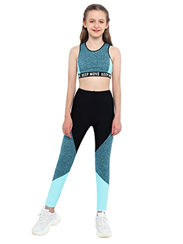 LiiYii Kinder Mädchen Sportanzug Jogginganzug Ärmellos Crop Top Tanktop Briefdruck Sport Shirt Leggings Sporthose Trainingsanzug Sportkleidung Sportwear b_Blau 164 von LiiYii