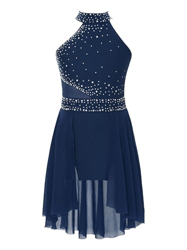 LiiYii Mädchen Eiskunstlauf Kleid Glitzer Ballettkleid Neckholder Rollschuhkleid Eislaufkleid Lyrisch Tanzkleid Wettbewerb Bühnenauftritt Marine Blau 158-164 von LiiYii