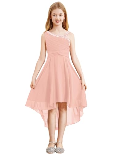 LiiYii Mädchen Festlich Kleid Glitzer Brautjungfer Kleider Pailletten Partykleid Ärmellose Trägerkleid Vokuhila Kleid Rosa 146-152 von LiiYii